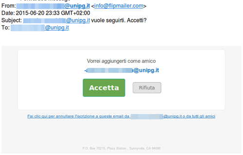 Avviso di phishing da @unipg.it. Testo: vorrei aggiungerti come amico. Accetta. Rifiuta.